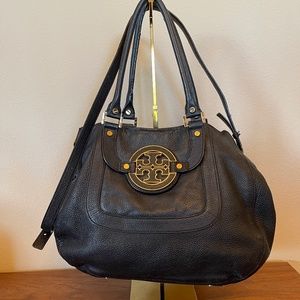 Tory Burch Authentic Duffle Black Pebbled LambLeather Bag Shoulder or Crossbody.